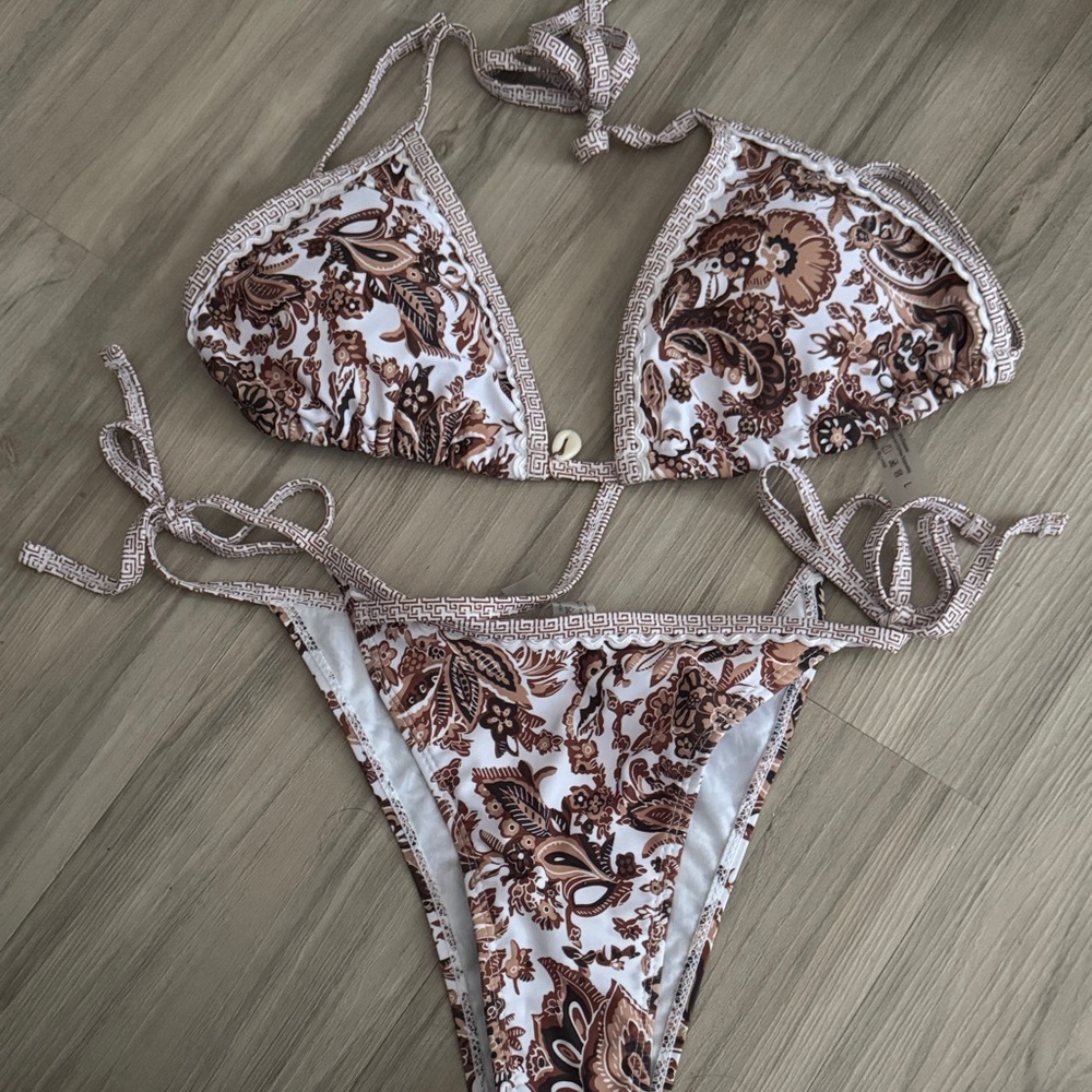 Brown & White Paisley Tie Bikini Set